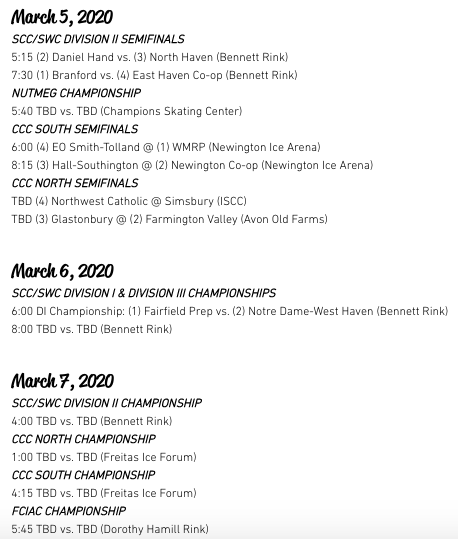 CTHSHockey's tweet photo. Championship Week starts Tuesday! Here's what the conference tournaments are looking like! #cthk https://t.co/gUln0NiU8G