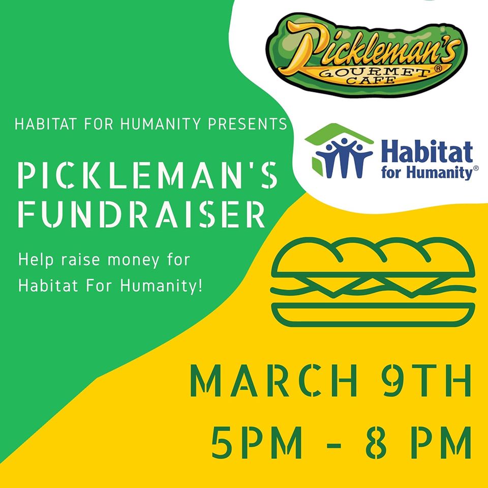 Join us next Monday the 9th for Habitat's and Pickleman's fundraiser! Enjoy the evening with friends, food, and helping us raise money for Habitat!