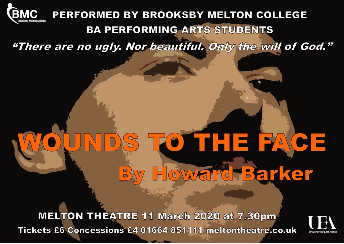 bmcgreenroom's tweet photo. ‘Wounds to the Face’ by #HowardBarker performed by #degree #performingarts students @MeltonTheatre 11 March 2020 #beBMC #acting #play #theatre #performance #thelover #highereducation #ucas https://t.co/hlQrkbRKDr
