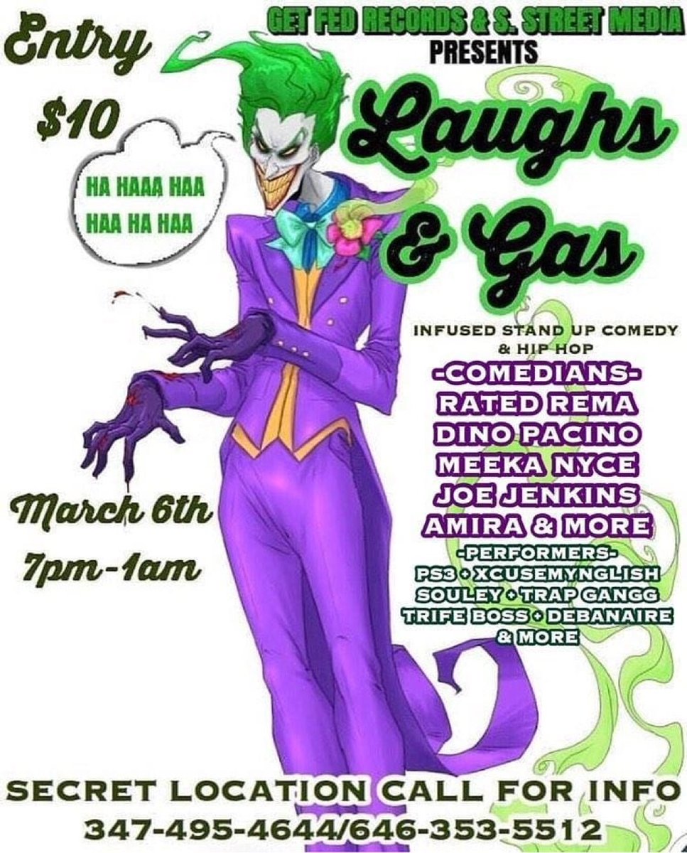 @get_fed_records and @s_street_media presents: LAUGHS AND GAS COMEDY EVENT. ITS GOING DOWN ON MARCH 6 FROM 7PM TO 1AM AT A SECRET LOCAL!!!!! WE'RE LOOKING FOR COMEDIANS, VENDORS, AND SPONSORS TO BE A PART OF TGE EVENT!