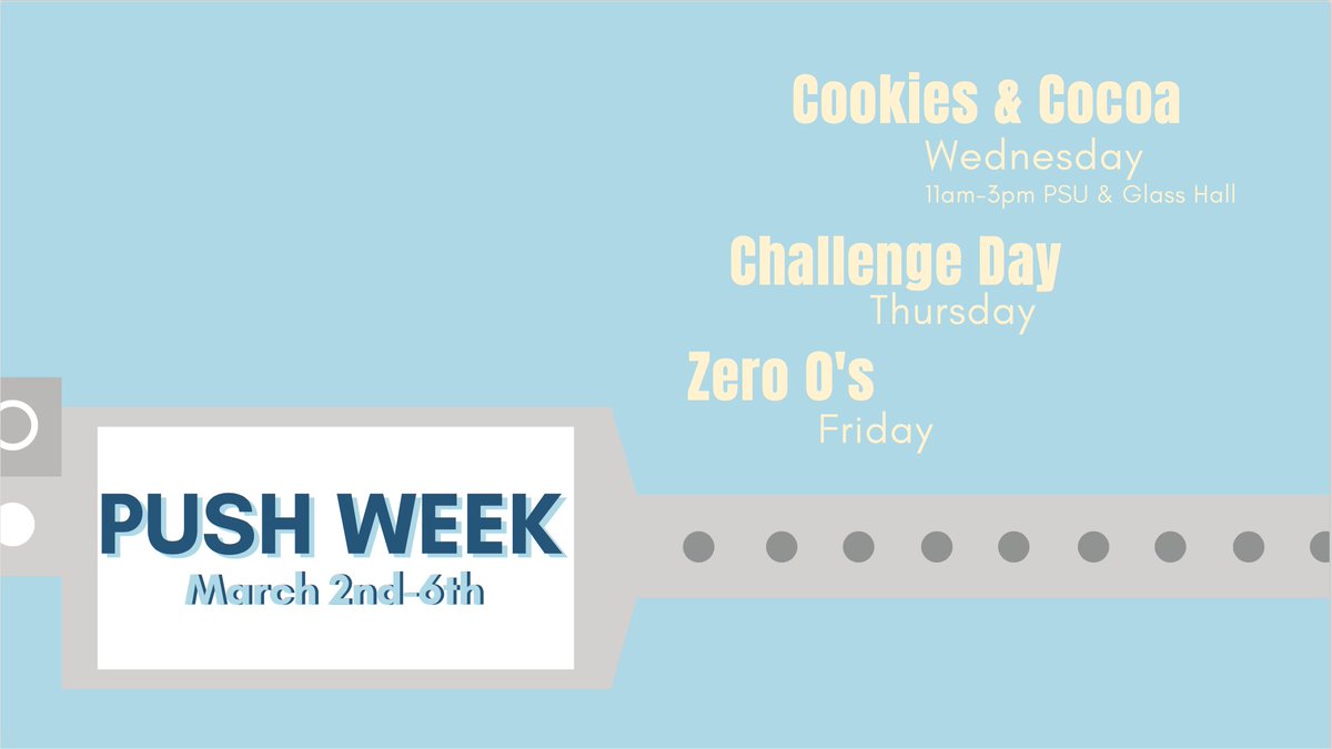 DMatMoState's tweet image. Happy PUSH WEEK! 
WEDNESDAY🍪 Cookies &amp;amp; Cocoa bake sale from 11am-3pm in the PSU &amp;amp; Glass Hall!
THURSDAY🏆 Challenge Day! Dare other Miracle Makers to complete fun challenges for a donation to them in return!
FRIDAY 0️⃣ Zero 0’s! Fundraise to eliminate $0 in your donor drive!
