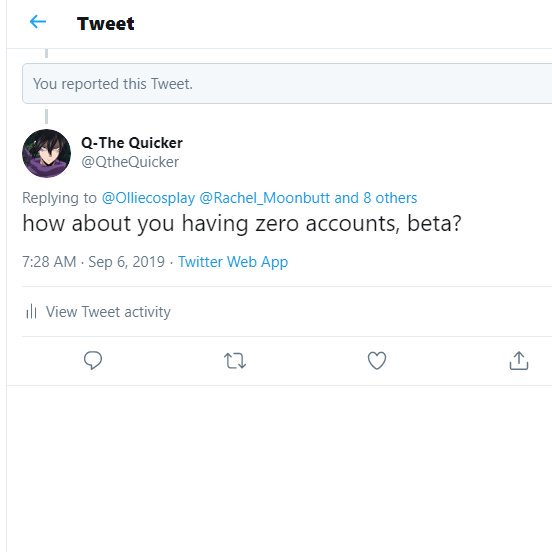 QtheQuicker's tweet photo. LoL. That sad obsessive pathetic loser olliecosplay just can't seem to get over getting yeeted off twitter over and over again by the #HeroesofLetters. Proud to stay I was the one who initiated that loser's downward spiral. https://t.co/SG7FPsGwMu