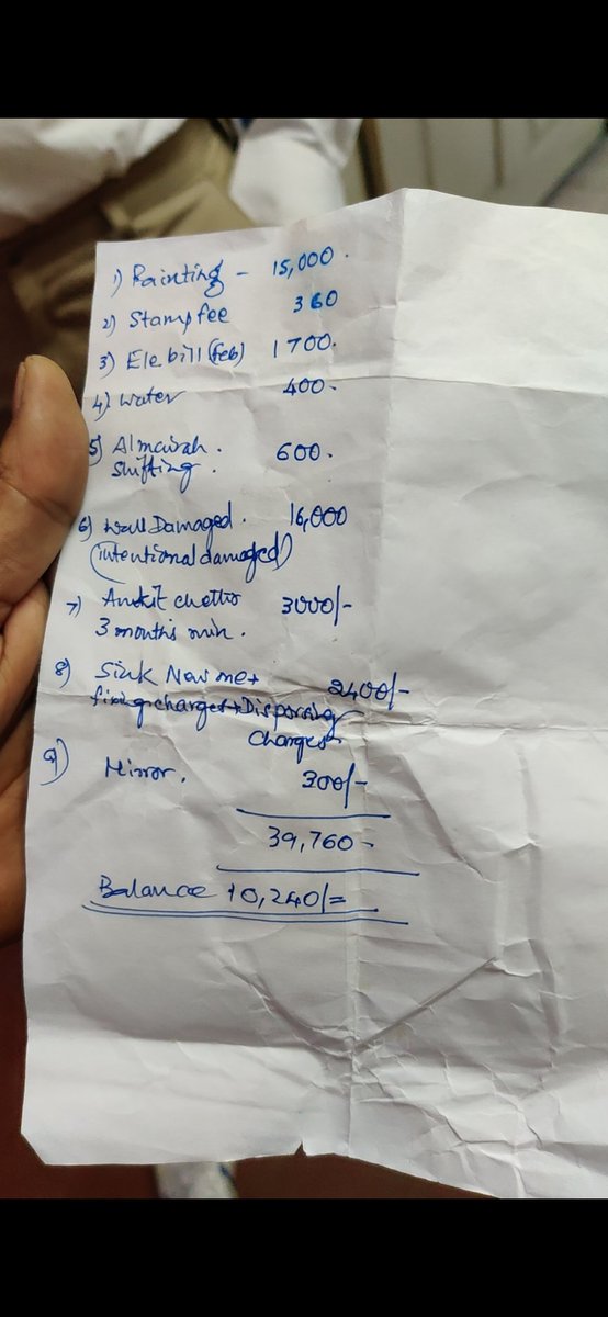 bivek_rawat's tweet photo. @BlrCityPolice And here's what he charged. There are no proper bills, he just deducted whatever he felt. Note* there's a section called "intentional damage"(which should be included in painting charge, please see video). https://t.co/AdORgiqWjC