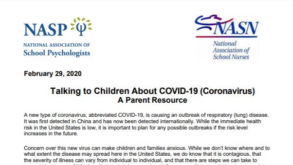 nasponline's tweet image. Along with the National Association of School Nurses (@schoolnurses), we have developed specific guidelines for parents regarding talking to children about the #coronovirius. 

➡ bit.ly/2uMRAFK

#NASPadvocates #NASPprepared