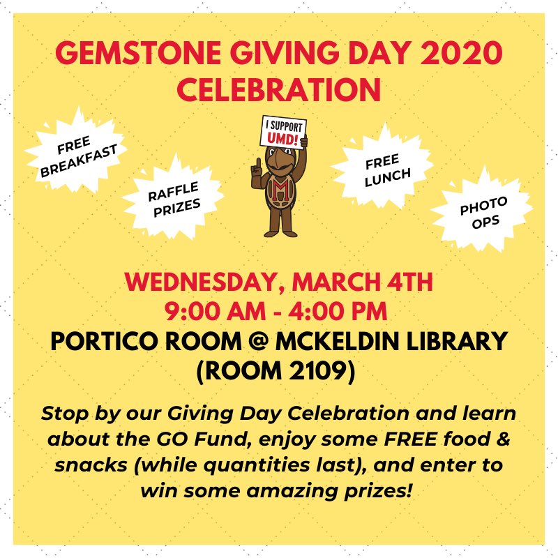 GemstoneCouncil's tweet photo. Gemstone is back with another Giving Day celebration! Come out for free food and DIYs, fantastic raffle prizes, and to celebrate how Gemstone has helped you GO. Apply for Gemstone’s GO Fund program scholarship for some extra perks! See you there 💎🐢 https://t.co/JoVbb4mBBe