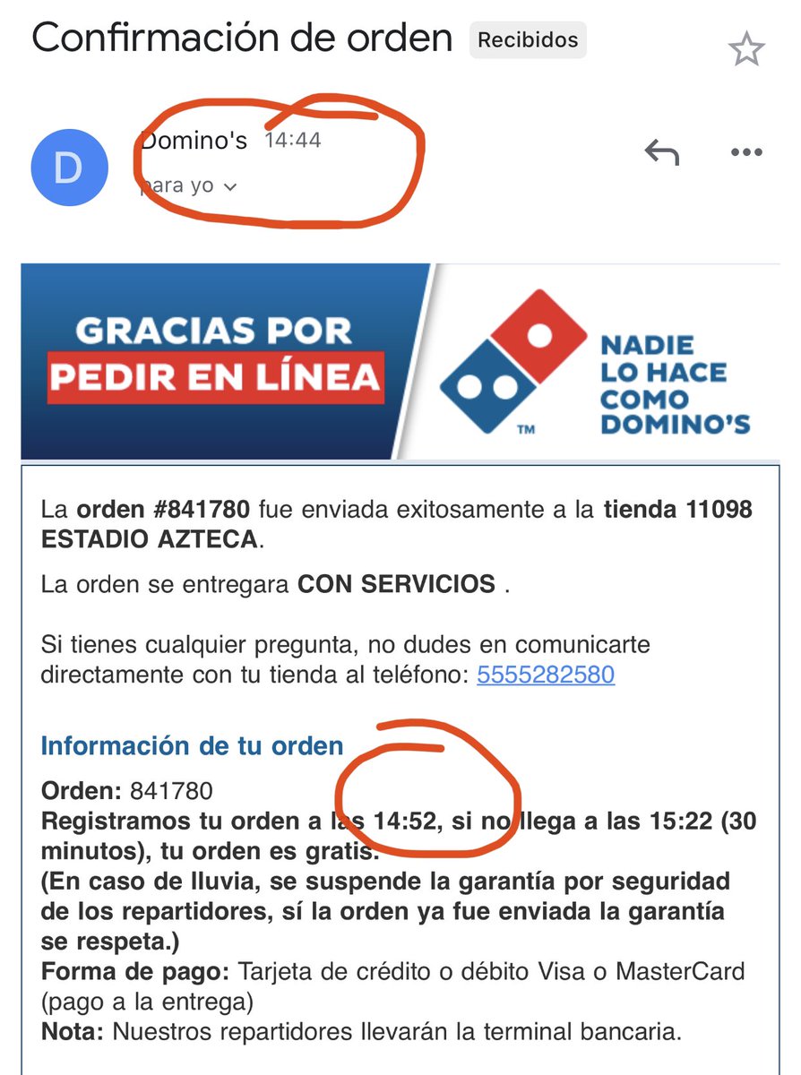 rafamena90's tweet photo. @Profeco se vale que @dominosmx te diga que recibió tu pedido 8 min después de la confirmación de la orden? Llegaron justo esos 8 min después y no quisieron hacer válida la garantía. Y ojo porque tienen su app truqueada, dicen que ya te entregaron cuando no han llegado. https://t.co/58dSPbfyJ9
