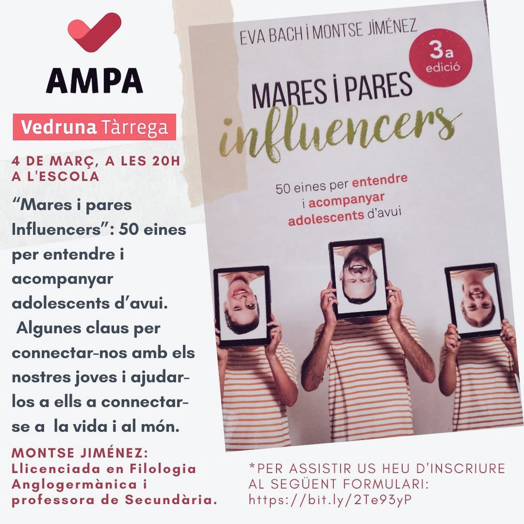 Comencem un març entretingut🥰
🗓️Dimecres 4 seré a #Tàrrega parlant de "Mares i Pares #influencers "  <a href="/VedrunaTarrega/">VedrunaTàrrega</a> i 🗓️dijous 5 a #Sabadell  <a href="/ElCarmeSabadell/">Vedruna Carme Sabadell</a> 
Adolescents i pares i mares connectats  💚🧡 Us animeu?