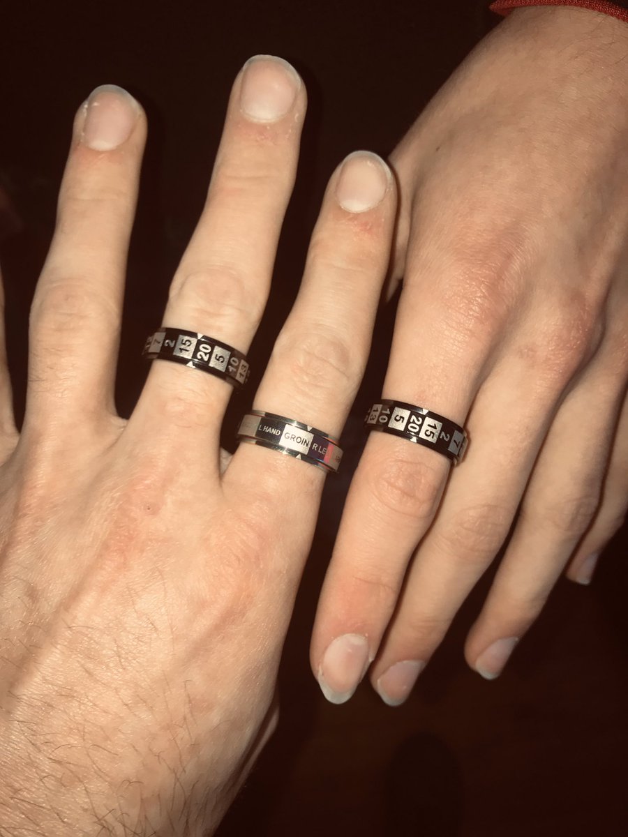Roleit5e's tweet photo. A last year’s purchase that was both useful and cool as hell reared its head again this year thanks to @DiceRings! Only one party member left to win over, then we’ve all got them! #RoleIt #dungeonsanddragons #lifetimereplacements #PAXEast2020 https://t.co/lzRh9Td00b