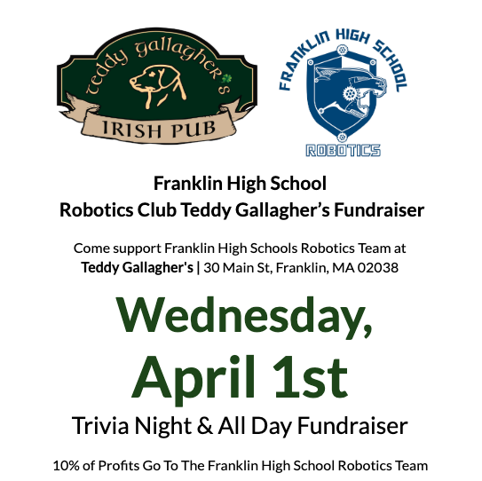 FHSRobotics3's tweet photo. Fundraiser @ Teddy Gallagher's on Wednesday, April 1st! #FranklinHighSchool #PantherPride https://t.co/jdMt0qBZgr