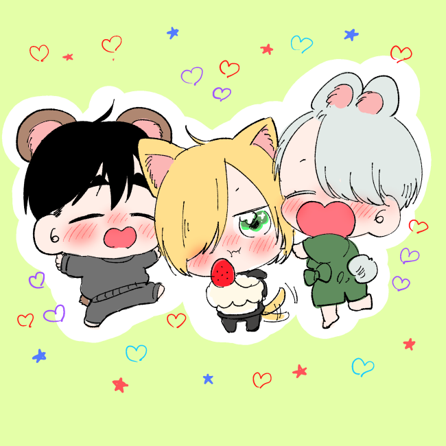 勝生勇利 ,ヴィクトル・ニキフォロフ ,ユーリ・プリセツキー 「ゆりおちゃんおめでとお～!ちこく 」|🍣のイラスト