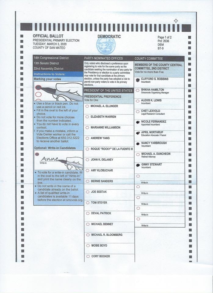 CliffordSRobbi2's tweet photo. Ballots are due Tues, March 3! Don’t forget to vote for candidates for the San Mateo County Democratic Central Committee! If you live in San Mateo, Foster City or Belmont please vote for this slate! @joe_goethals @DianePapan @papiag @Twitmike @CaroleSanMateo @carolmarks13 https://t.co/iodJtUicak