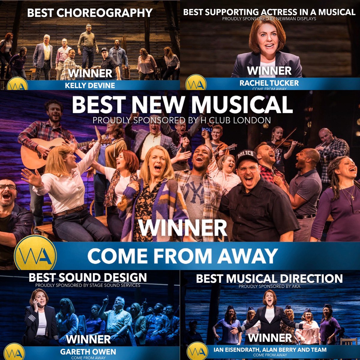 SankoffandHein's tweet photo. Huge Congrats to our @ComeFromAwayUK crew on five @WhatsOnStage awards including Best New Musical, as well as Best Sound Design, Music Direction, Best Choreography and Best Supporting Actress! Thank you to everyone who voted! 💙💛💙💛💙 https://t.co/GR5s1LtLy7