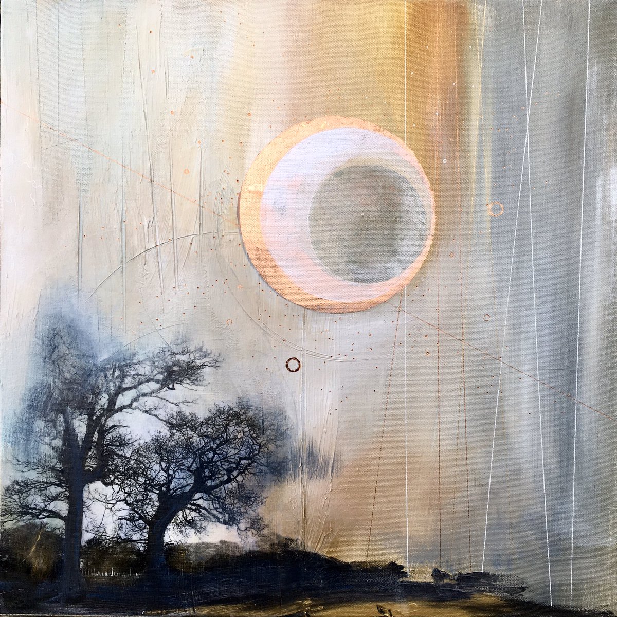 LouBoydArt's tweet photo. Latest of the #SolsticeSeries with metal foil details ready for a top coat of varnishing and a title... Any ideas? #art #abstract #landscape #painting https://t.co/GlBU7gFiSF