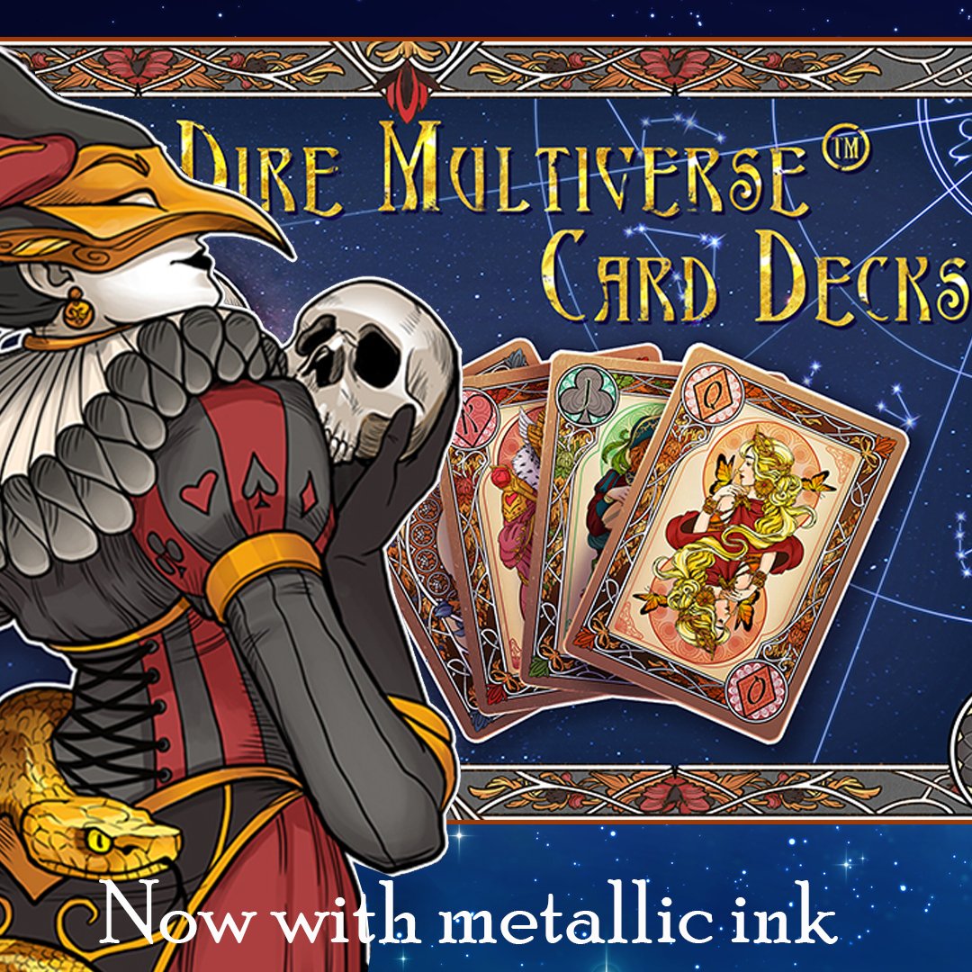anotherdim's tweet image. Preorder now! The decks will have metallic ink and foil boxes. #giftideas #diremultiverse #playingcards #collectibles gamesomniverse.com/dmcards