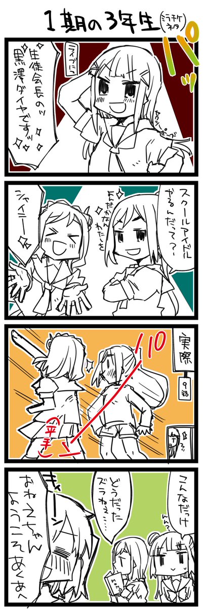 昨日配信観たら描かずには ラ!+サンシャイン4コマ1208本目です。三年生(かなダイまり) #なかよしあくあさんねんせい 
