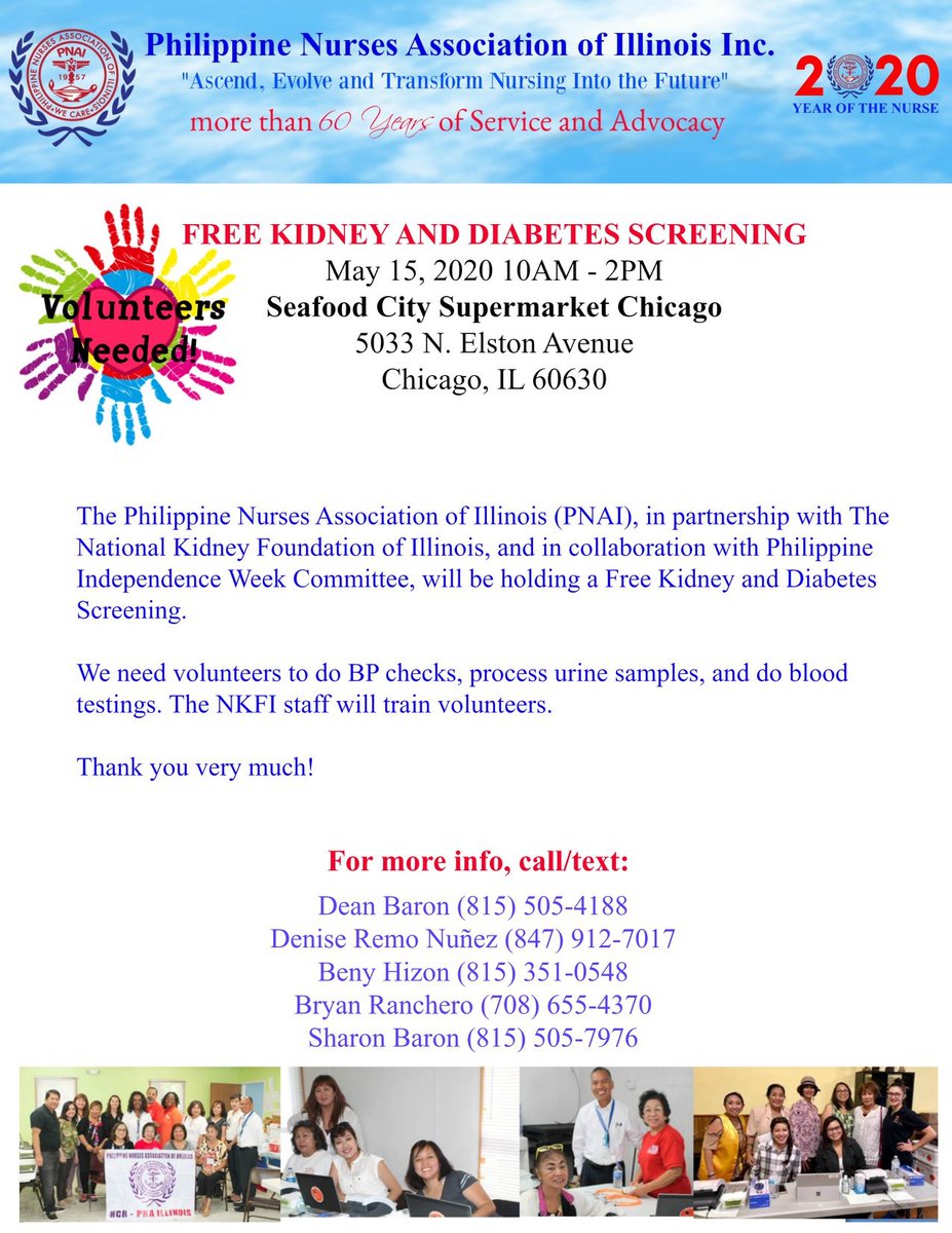 We need nurses to volunteer for the upcoming Kidney and Diabetes Screening, 05/15/2020 10 am - 2 pm, at Seafood City Supermarket Chicago #KidneyDisease #diabetes #freescreening #PNAI #NKFAI