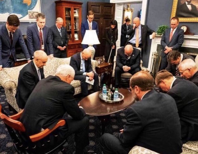 thomaschattwill's tweet image. Mike Pence and his coronavirus emergency team praying for a solution. We are so screwed.