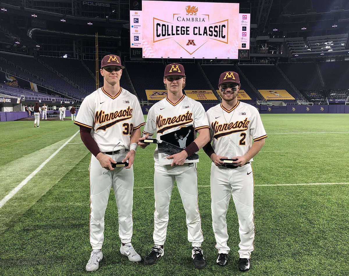 Congratulations to <a href="/mxmeyer22/">Max Meyer</a>, <a href="/Jack_Wassel7/">Jack Wassel</a> and @Raabe27 for being named to the 2020 #CambriaCollegeClassic All-Tournament team!

An extra shout-out goes to Meyer, who brought home Tournament MVP honors for his complete game gem on Friday!

#Gophers | 〽️⚾️