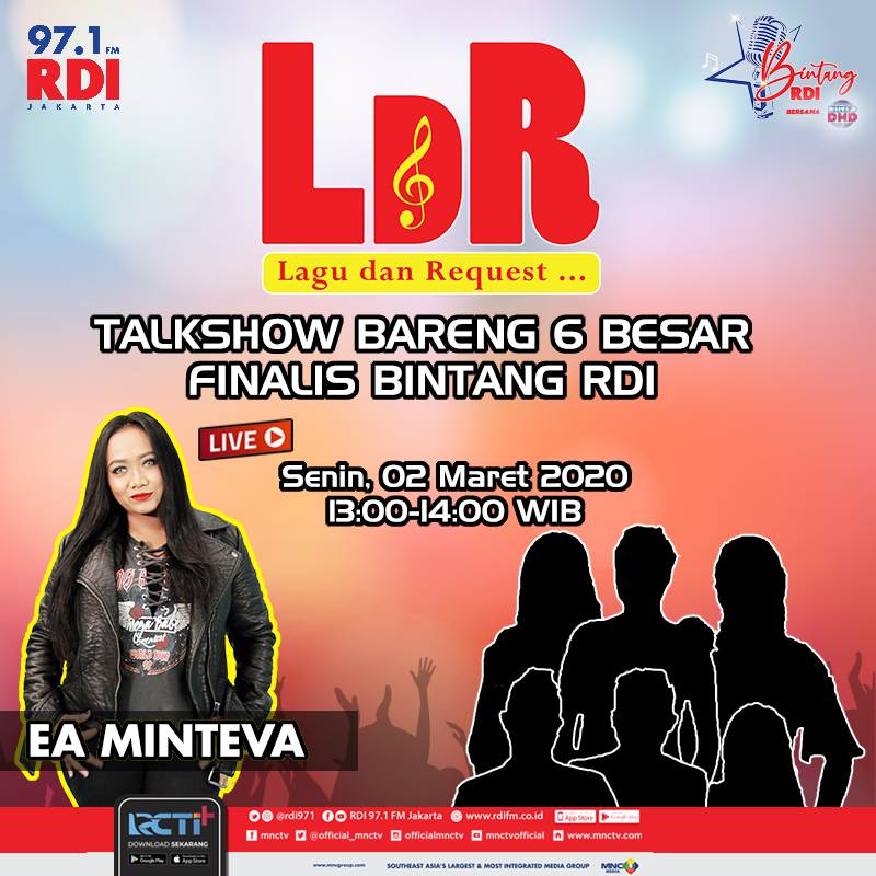 rdi971's tweet photo. Sobat RDI!
Siang ini jam 1 siang @ea_minteva bakal ngobrol ekseizz bareng finalis 6 Besar Bintang RDI .
Penasaran gimana keseruannya? Dengerin ya #LDR jam 1 siang :)
#bintangrdi #roadtofinal #audisidangdut https://t.co/CgQ5a0aTSu
