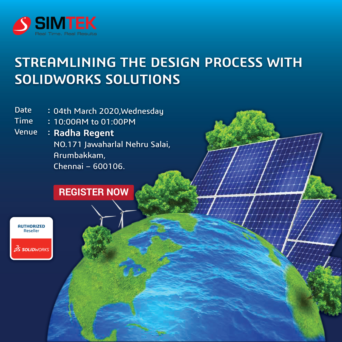 SIMTEKINDIA's tweet photo. "Streamlining the design process with SOLIDWORKS" Seminar on March 4th,2020.

Register: https://t.co/WkUhuukhH2

Timing: 10:00 AM to 1:00 PM ( Wrap up with Lunch ) 
Venue:  Radha Regent,chennai-36

#simtek #solidworks #seminar #solutions #solidworkscad #solidworkselectrical https://t.co/dfHLtx1ZRH