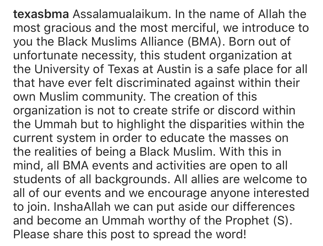 Texas Black Muslim Student Alliance (TexasBMA) was founded as a safe space and refuge for Black Muslims experiencing discrimination and marginalization within the Muslim community.