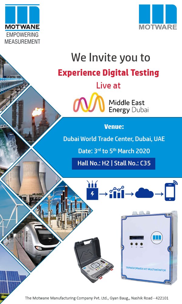 TheMotwane's tweet photo. Motwane family invites you to #MEE Expo 2020
Visit us to #Experience #Digital #Testing Live, at Dubai World Trade Center, UAE from 3rd to 5th March
#Motwane #Motware #mee2020 #dubaiworldtradecentre #testandmeasurement #electricaltesting https://t.co/BmqFsuHHJR