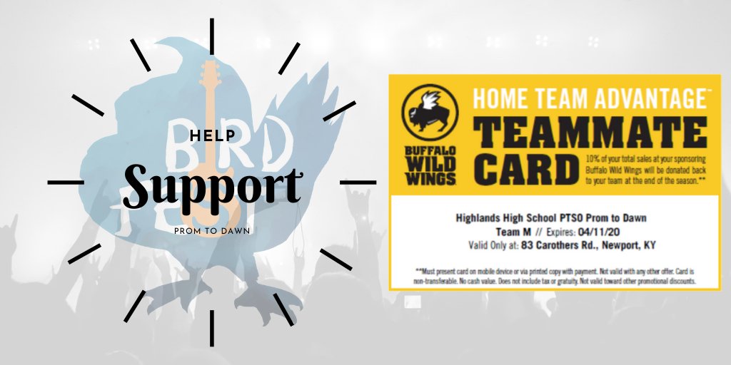 It is about to be a week of watching <a href="/Birds_BBall/">HighlandsGirlsBBall</a> and <a href="/bluebirdhoops/">Kevin Listerman</a> play some 🏀! Make sure to go to Buffalo Wild Wings in Newport for your pre or post game meal AND you'll be supporting Prom to Dawn when you present the teammate card! As always, GO BIRDS!