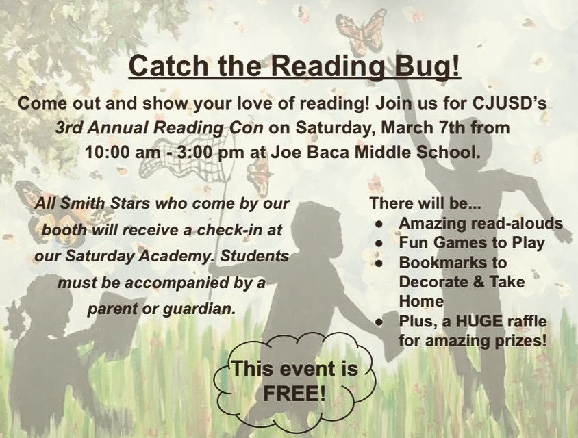 Smith_stars's tweet photo. Come join us Star families! This Saturday at Joe Baca Middle School come out for the 3rd annual Reading Con! #gostars #readingcon #catchthereadingbug @DrMScribner @SarahServesEDU @devereebrace @TeachB87 @marthadobler @ColtonJUSD https://t.co/WsKH2FNbtY