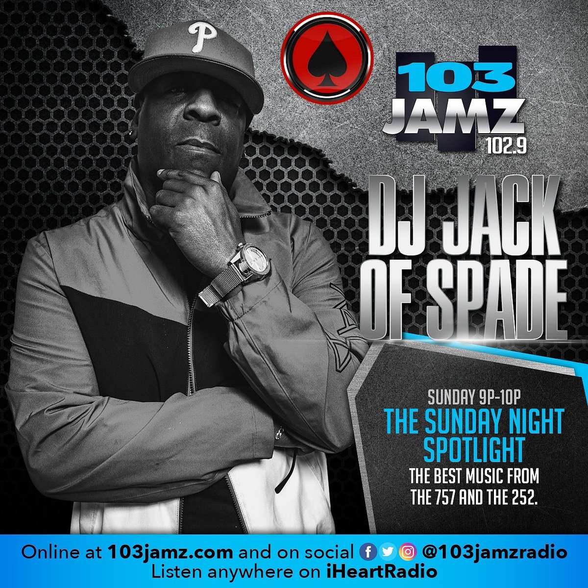 TONITE 9pm
Sunday Nite Spotlight🎤
One whole hour of good Independent Artist Music. 
Mail to:
1003 norfolk sq norfolk va.
Or Bring cd or junkdrive to
Radio Station(103jamz)
Mon thru friday 9a to 5p
Put attention: Dj jack of spade. 
Put 1/2 Songs Only. 
Make sure its Clean Edited.