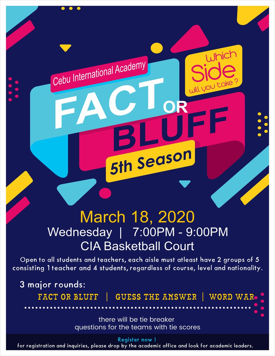 cebuciamain's tweet photo. It is March and summer season in the Philippines! We will be having our Fact or Bluff event as well as the Food Festival!!! Students are all welcome to join!

#cebucia #philippineschool #englishcebu #eslcia #cebuesl #philippineesl #englishcia #schoolevents #March2020 #studentscia https://t.co/SwNmdlfcmc
