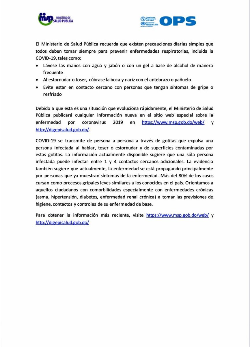 MIREXRD's tweet photo. #Coronavirus
Comunicado de prensa 
Ministerio de Salud Pública @SNSRDO 
Oficina Panamericana de la Salud (OPS) @opsoms 
[Primer caso importado del nuevo Coronavirus confirmado en #RepúblicaDominicana 🇩🇴] #DiplomaciaDigitalRD https://t.co/qRy3Ct2amK