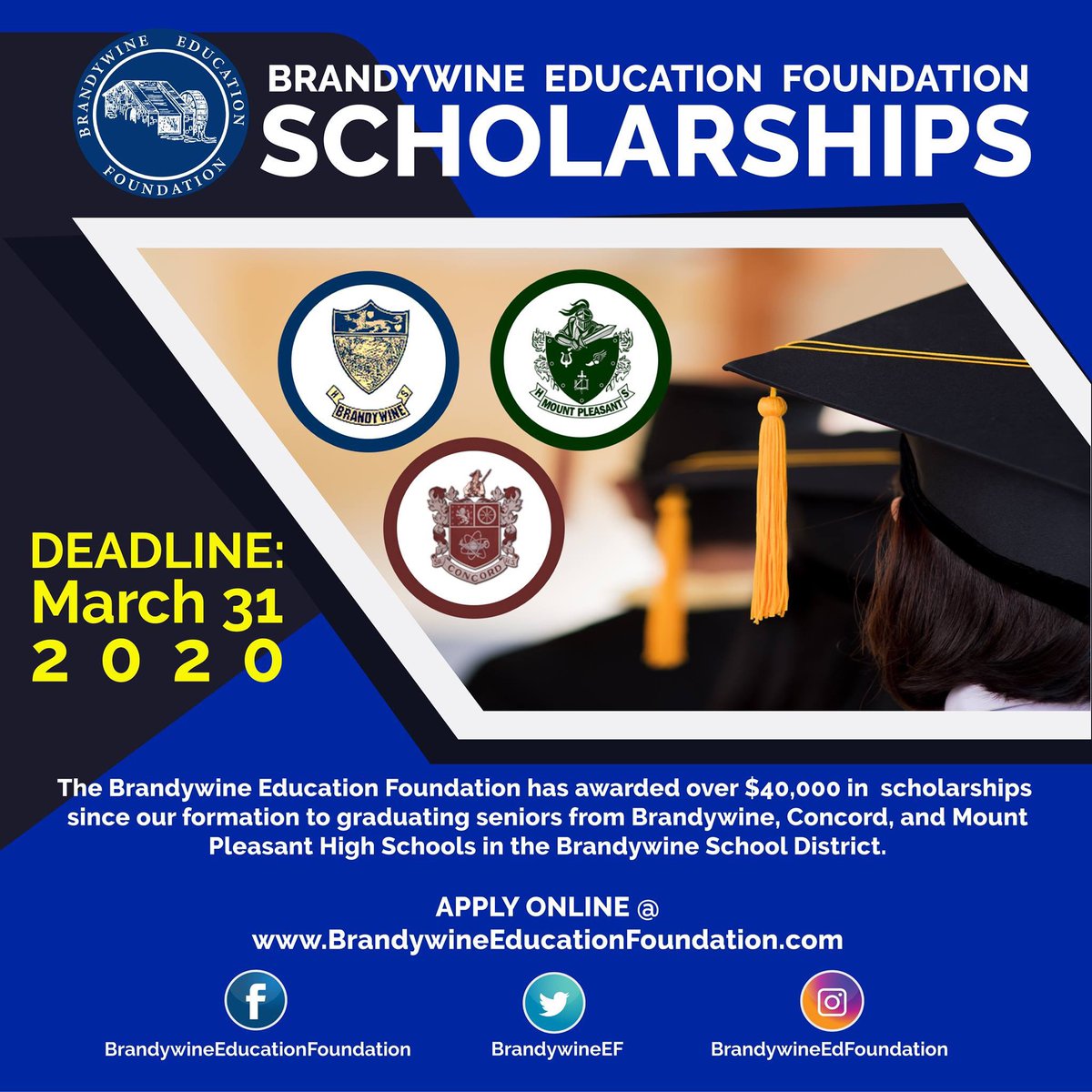 It's that time of year again! BEF is proud to announce the kickoff of our annual College Scholarship Application Month! Apply online @ BrandywineEducationFoundation.com Deadline for all scholarship applications is March 31st!