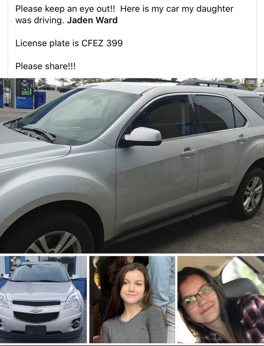 emwxrd's tweet photo. my cousin jaden ward is currently missing and hasn’t been seen since yesterday afternoon. if you live in or around the orillia area PLEASE share this post and keep your eye out. she was last seen driving a silver chevrolet equinox. https://t.co/cxRdUcjmuV