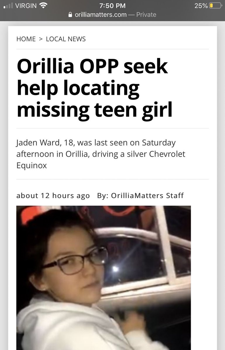 emwxrd's tweet photo. my cousin jaden ward is currently missing and hasn’t been seen since yesterday afternoon. if you live in or around the orillia area PLEASE share this post and keep your eye out. she was last seen driving a silver chevrolet equinox. https://t.co/cxRdUcjmuV