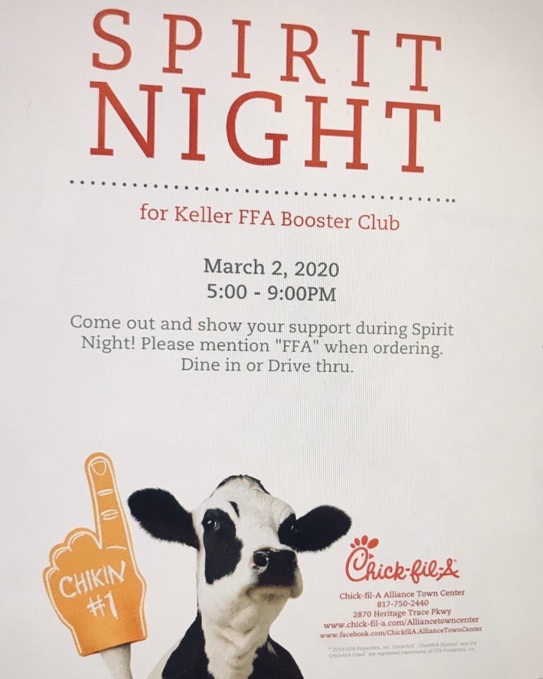 KellerISDFFA's tweet photo. Eat more chicken and come out and show your support for the Keller FFA Booster Club!! Be sure to mention “FFA” when ordering!! https://t.co/KpPsr9Rwcr