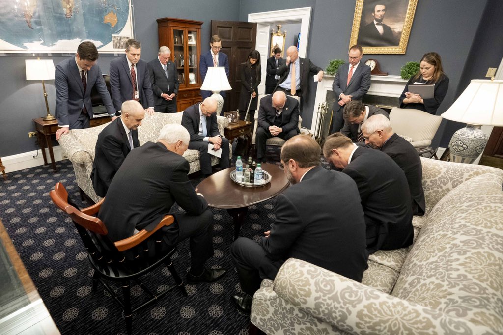 Franklin_Graham's tweet image. A touching &amp;amp; powerful photo of @VP @Mike_Pence &amp;amp; the President’s Coronavirus Taskforce praying when they met last week in his office. Thank you VP Pence and each one who is serving. Let’s join them in asking God for His wisdom, direction, &amp;amp; help in the response to this virus.
