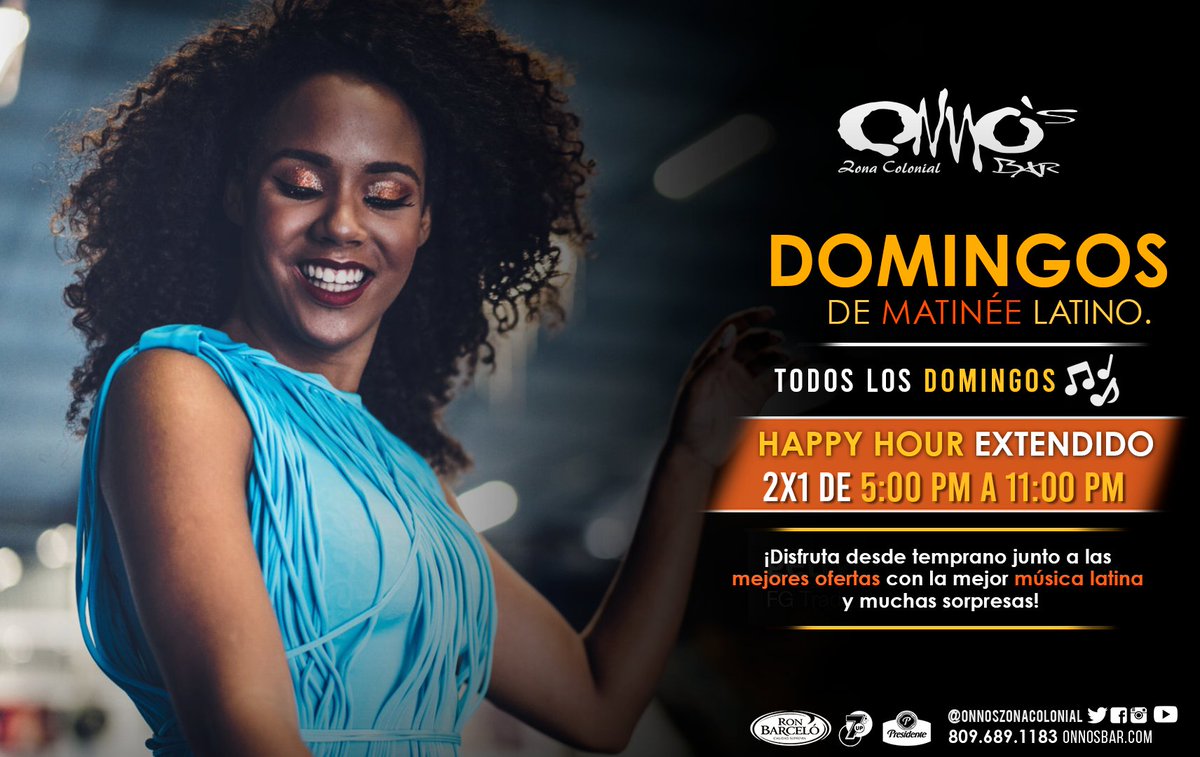 Domingos latinos totalmente bailables .Dj en vivo desde las 9:00pm. **Happy hour 2x1 en tragos Nacionales e Internacionales de 5:00-11:00 pm.
**Tapas y paninis a $199 7:00-9:00 pm.**3x2 en cervezas Corona, Modelo, Leffe, Shock top 9:00pm-12:00 am. **5 shots por $299 10:00pm-12:00