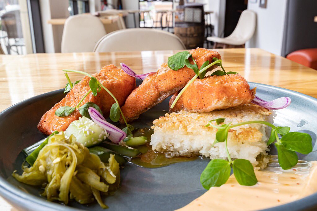 Our crispy WA Steelhead with; ginger glaze, rice cake, sunomono, soy syrup &amp; chile mayo will show you what #EatINW is all about!

#InlandNorthwest #TheWanderingTable