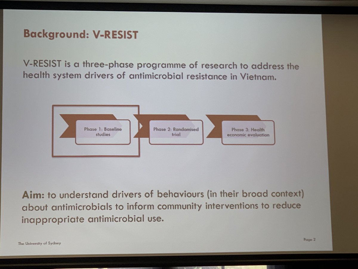 cristyn_davies's tweet photo. Excellent presentation by A/Prof Greg Fox and Dr ⁦@sarah_bernays⁩ on VRESIST, a cluster RCT and qualitative study in Vietnam on antimicrobial resistance and behaviour change. ⁦@MarieBashirInst⁩ #AMRSocialScience https://t.co/8rqhvTEdJ9