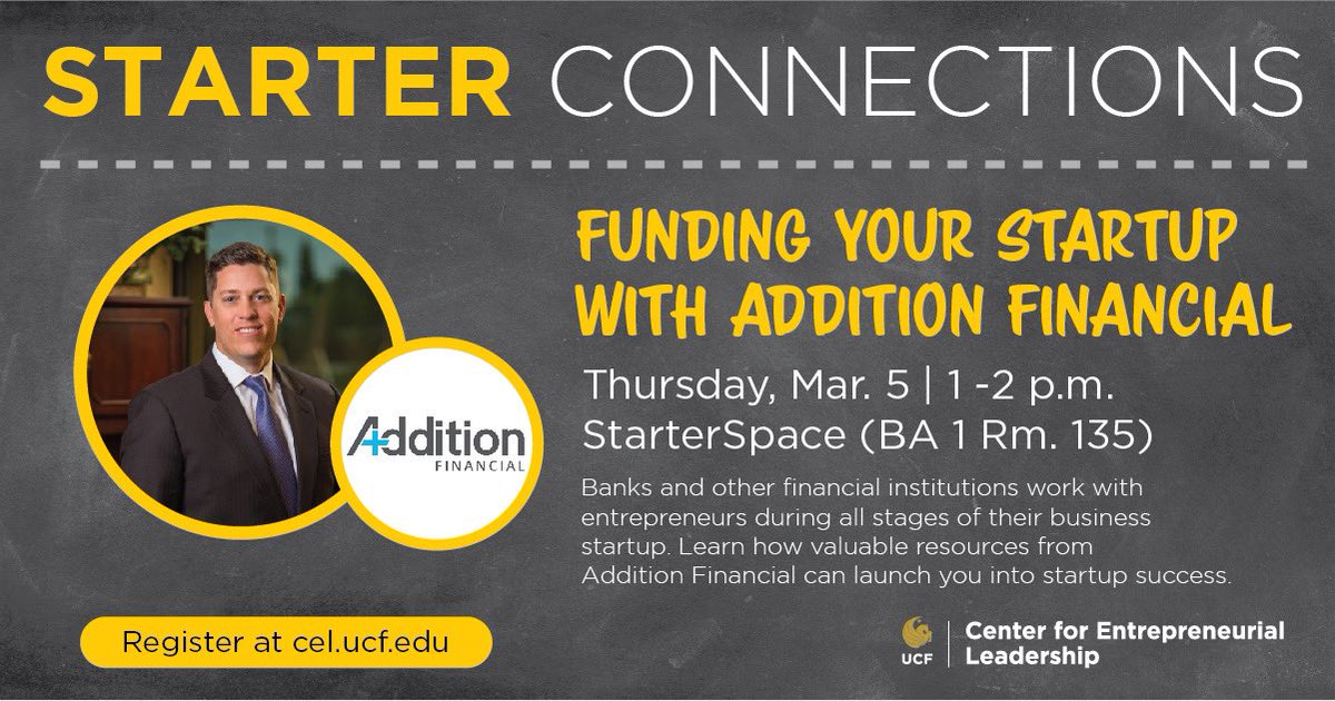 celucf's tweet photo. Let’s get down to business!💰
Join @theadditionfi Thursday and learn how they can be a key resource in your dream startup! Register now at https://t.co/thNPvlTUqp to secure your spot🤓
#UCFKnights #Financials #Investment #StudentVentures #AdditionFinancial #Addition https://t.co/XW7tbOPIWj