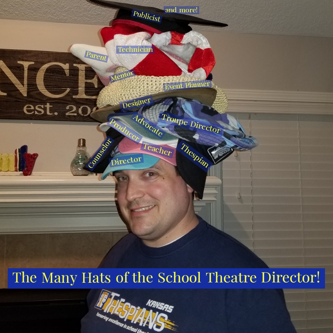 dpence82's tweet photo. Day 1 of @thespians1 #TheatreInOurSchools month spirit week.  This is my silly, real life analogy, showing the many hats of a high school theatre director! @ONHSTheatre #sillysunday #TIOS20 https://t.co/WmBaWOSuKR