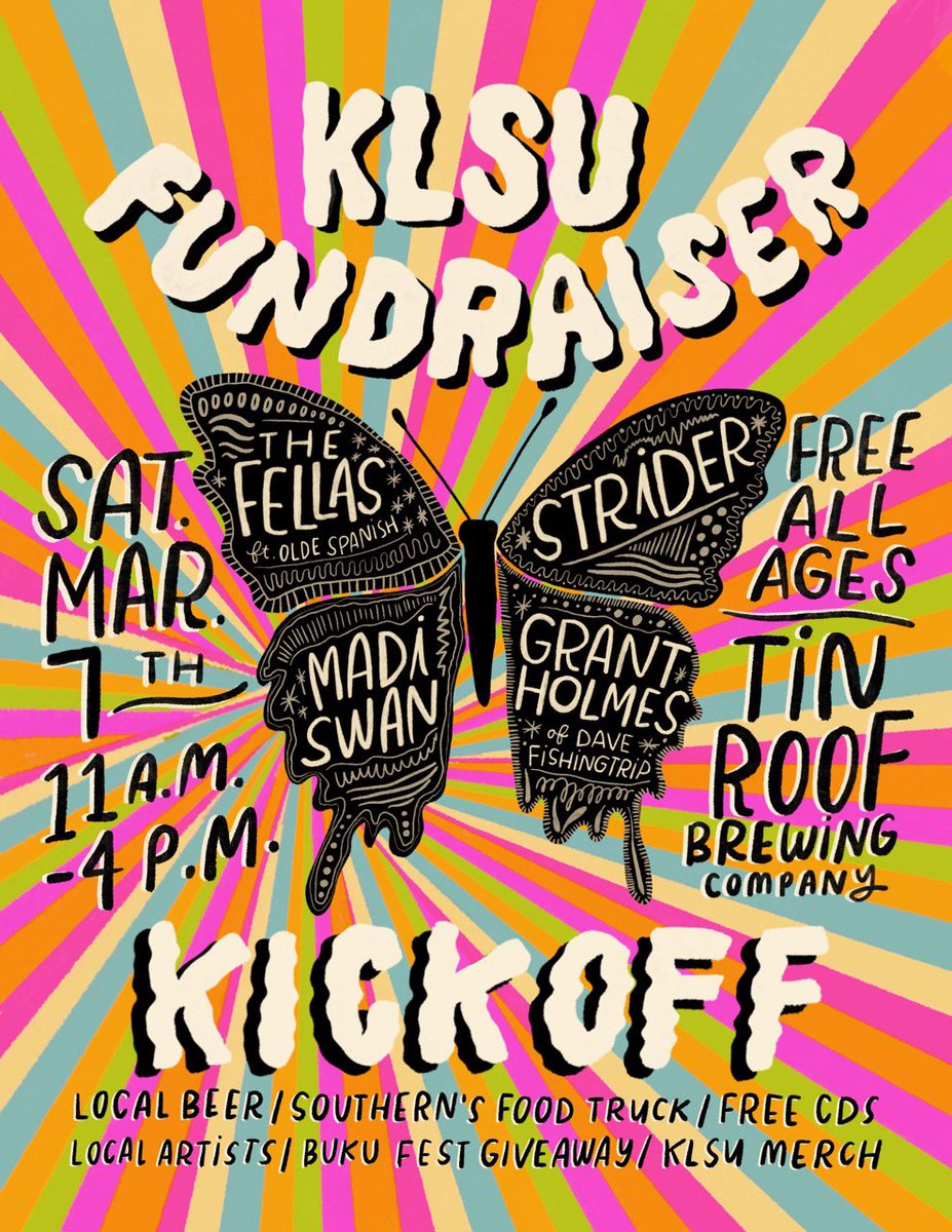 KLSURadio's tweet image. mark your calendars for our fundraiser kickoff happening saturday march 7th from 11 A.M. - 4 P.M. at @TinRoofBeer !!! 🦋 we’ll have live music from our amazing lineup of artists, local food and beer, art vendors, and so much more ~ it’s FREE and all ages! you don’t wanna miss it!