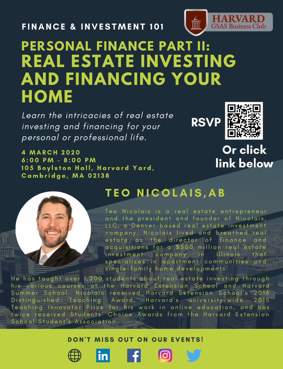 Join us on March 4th for the second event of our Personal Finance series, focusing on Real Estate Investing!

Stream the presentation using the link below, or come to Boylston Hall 105 for a broadcast and refreshments. 
harvard.zoom.us/j/343595461