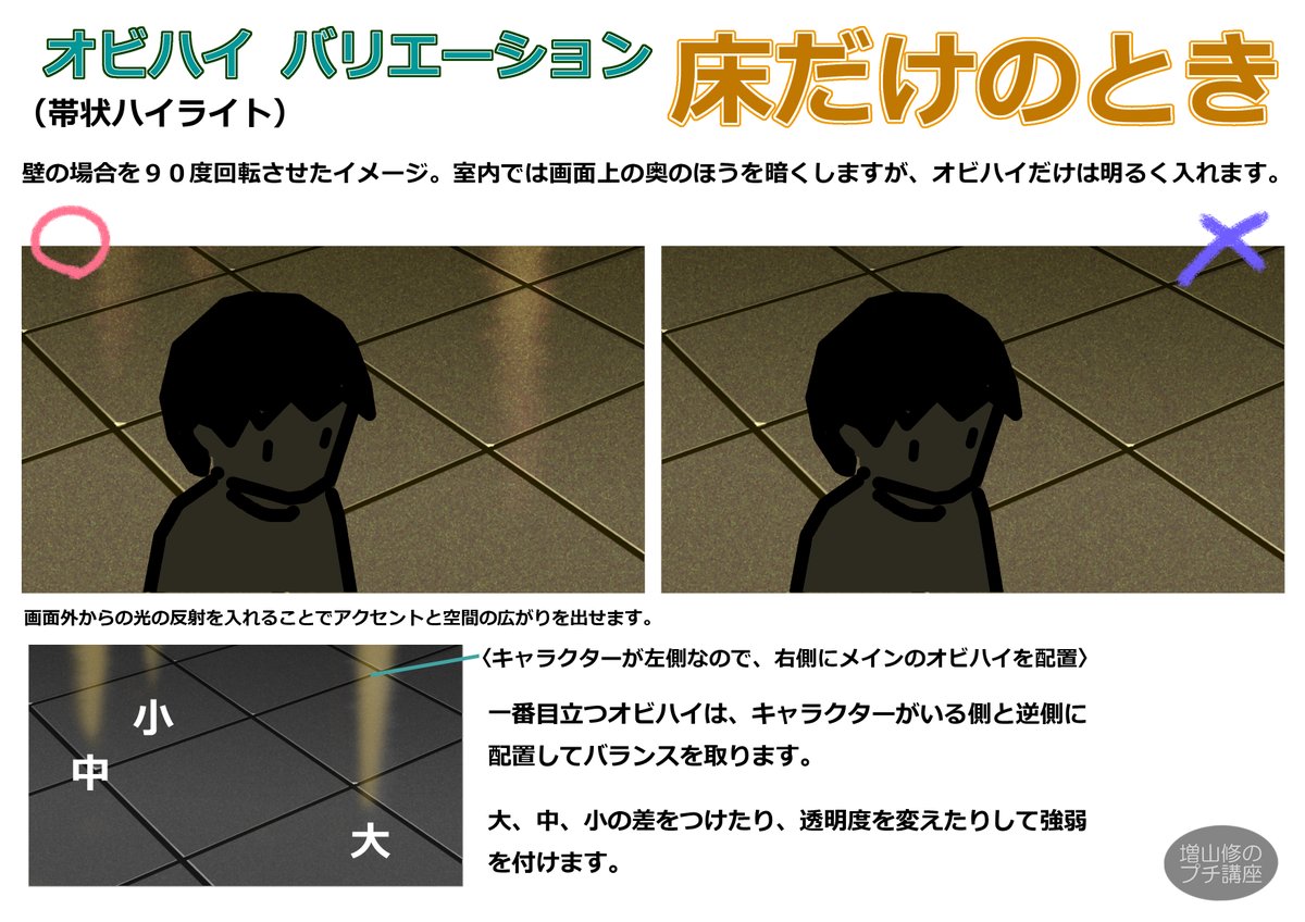 【オビハイ 床】
壁だけのときと同様、単調な面に変化を与えます。室内の明かりや、窓からの光源がある場合はその色を反映します。
#描き方 #背景美術 <再掲> 