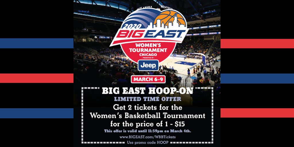 BIG EAST Women's Basketball Tournament
March 6-9 at  Wintrust Arena
 
BOGO: 2 Tix for $15
Enter promo HOOP code at buff.ly/32wQ3jq
 
Offer valid until 11:59 PM on March 4 at buff.ly/32wQ3jq
Promo code is not valid for walk-up sales at the Wintrust Arena Box Office