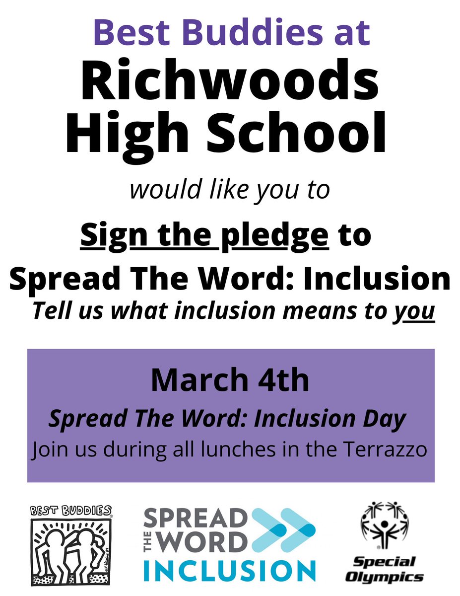 BestBuddiesRW's tweet photo. Come pledge to Spread the Word: Inclusion! During all lunch hours Wednesday, March 4! #rhsbestbuddies #bestbuddies #inclusion #SpreadTheWord https://t.co/FmvSpq7ERW
