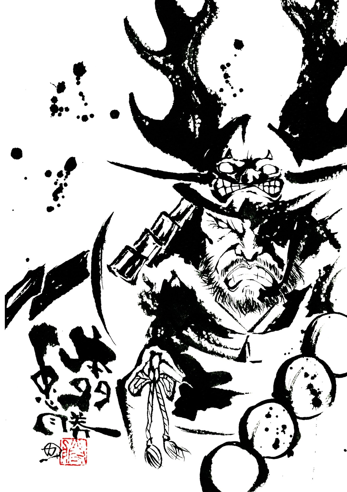 墨絵画家カツ Katsu 墨絵 本多忠勝 徳川四天王 徳川十六神将 徳川三傑に数えられる戦国時代の武将 蜻蛉切という槍を携え 生涯において 参加した全ての戦で無傷だったといいます すごい中二病が捗る肩書き ひたすらにかっこいい 墨絵画家