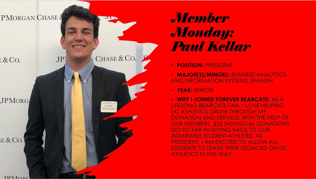 To shed light on the #leadership, #philanthropy, and #athletics opportunities that Forever Bearcats provide, we are beginning a new #MemberMonday tradition! First up is our president, <a href="/paul_kellar11/">Paul Kellar</a>:

<a href="/GoBearcatsUCATS/">UCATS</a> <a href="/UCRallyCats/">Cincinnati RallyCats</a> <a href="/AlphaSigs_UC/">Alpha Sigma Phi | Beta Sigma</a> <a href="/COE_UC/">Circle of Excellence</a>