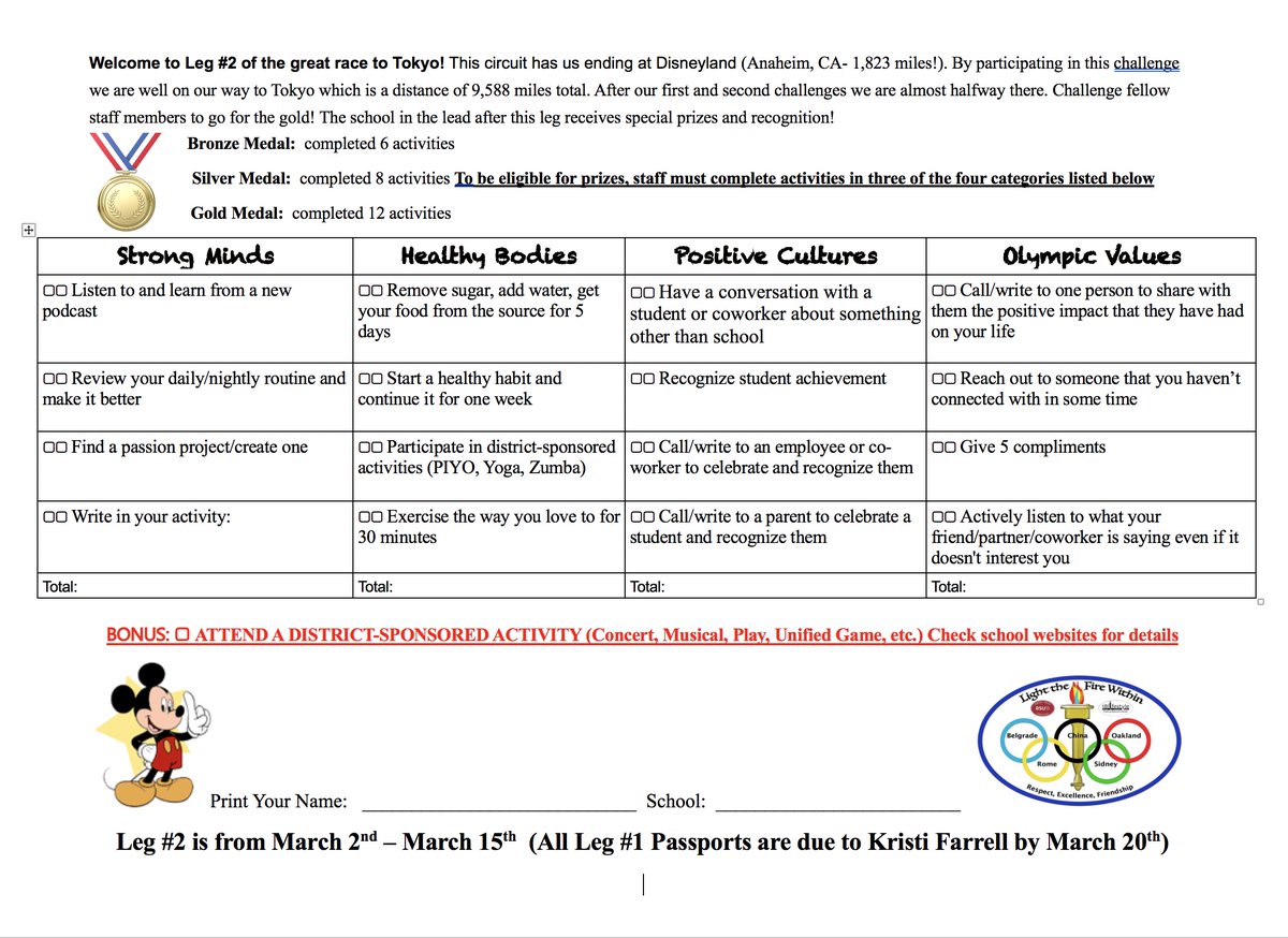 cfgartley's tweet photo. Well, leg 1 is complete.   Hopefully you made it to our first check point.  It is so inspiring to see the great wellness effort in all of our schools.  Keep it rolling with leg 2, here it is for those of you looking for the early release. https://t.co/F5aF6rJ3Kq