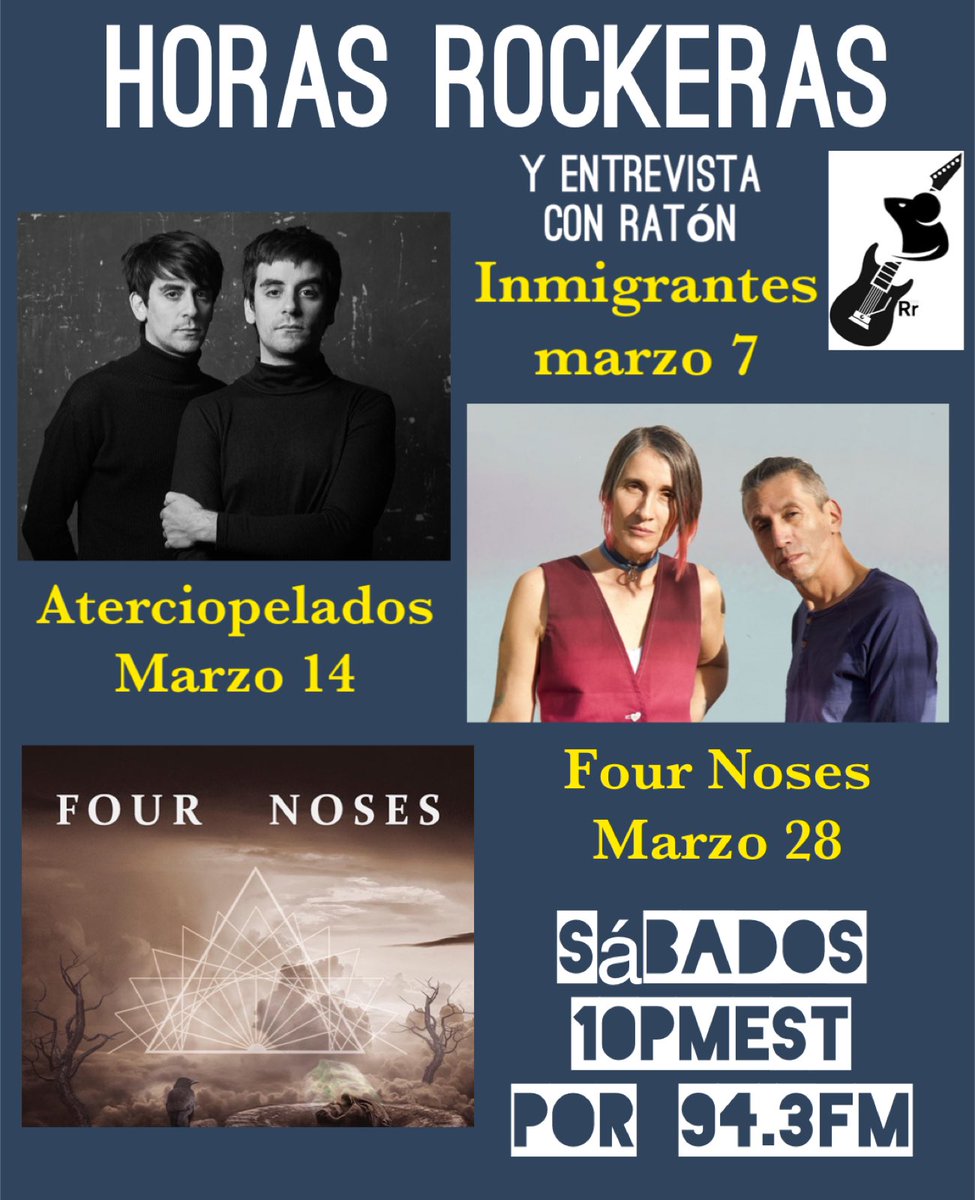 ratonrockero's tweet photo. Mi Lista de nuevos entrevistas para marzo, que incluyen Los rockeros argentinos #Inmigrantes las leyendas colombianas @aterciopelados y el grupo con el disco metal de 2019 @fournoses . Escúchalo también por #HorasRockeras #rockinterviews #entrevistas #rockenespañol #rock https://t.co/TtlJP1KKh4